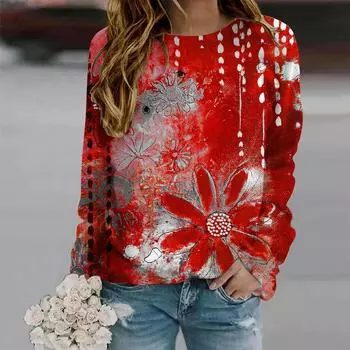 Осенняя женская модная футболка с длинным рукавом и круглым вырезом, свободная одежда, красная жемчужная футболка с принтом хризантемы для девочек, уличная