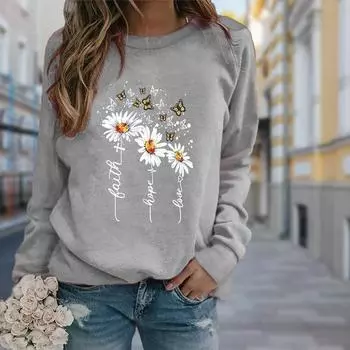 Осенняя женская модная футболка с длинным рукавом и круглым вырезом, свободная одежда, футболка с принтом трех хризантем для девочек, уличная одежда XS красный