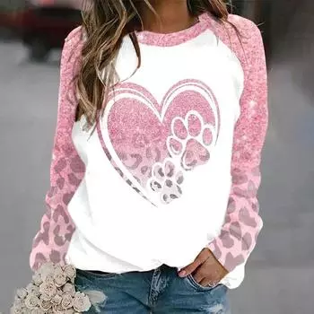 Осенняя женская модная футболка с длинным рукавом и круглым вырезом, свободная одежда, футболка с принтом «Любовь и коготь», для улицы для девочек XS красный