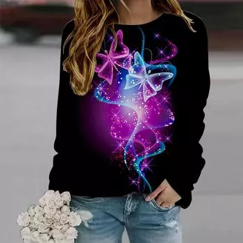 Осенняя женская модная футболка с длинным рукавом и круглым вырезом, свободная одежда, синяя футболка с изогнутым принтом бабочек для девочек, уличная XS фиолетовый