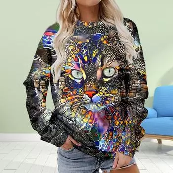 Осенняя женская модная футболка с длинным рукавом и круглым вырезом, свободная одежда, красочная футболка с принтом пятнистого кота для девочек, уличная XS разноцветный