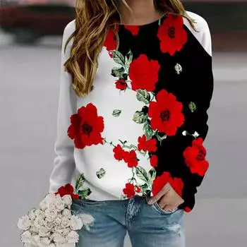 Осенняя женская модная футболка с круглым вырезом и длинным рукавом, свободная одежда, красная элегантная футболка с принтом роз для девочек, уличная