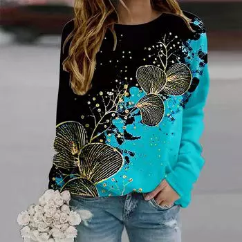 Осенняя женская модная футболка с круглым вырезом и длинным рукавом, свободная одежда, блестящий веер, цветочный принт, футболка для девочек, уличная XS синий