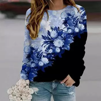 Осенняя женская модная футболка с круглым вырезом и длинным рукавом, свободная одежда, фиолетовая футболка с принтом сливы для девочек, уличная XS синий