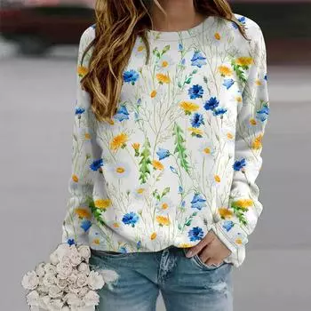 Осенняя женская модная футболка с круглым вырезом и длинным рукавом, свободная одежда, принт с зелеными цветочными рассадами, футболка для девочек, уличная XS белый