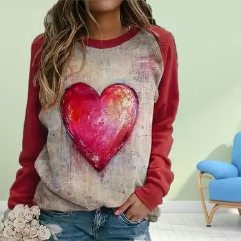 Осенняя женская модная футболка с круглым вырезом и длинным рукавом, свободная футболка с принтом «Любовь» для девочек, уличная футболка XS красный
