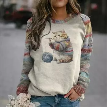Осенняя женская модная футболка с круглым вырезом и длинным рукавом, свободная одежда, теплая футболка с принтом кота для девочек, уличная XS фиолетовый