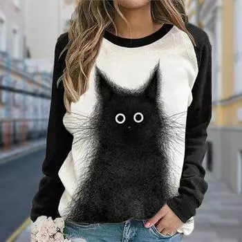 Осенняя женская модная футболка с круглым вырезом и длинным рукавом, свободная одежда, футболка с принтом черного кота для девочек, уличная XS серый