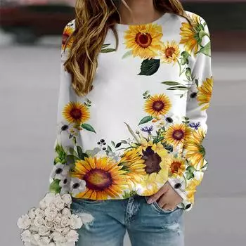 Осенняя женская модная футболка с круглым вырезом и длинным рукавом, свободная одежда, красивая белая футболка с принтом подсолнуха для девочек, уличная XS белый