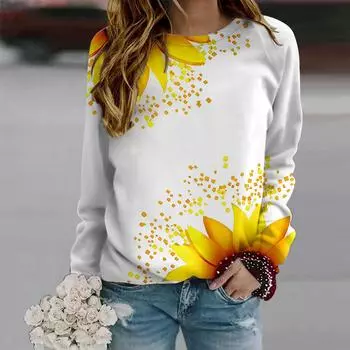 Осенняя женская модная футболка с круглым вырезом и длинным рукавом, свободная одежда, белая футболка с принтом подсолнуха для девочек, уличная XS белый