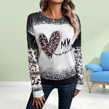 Осенняя женская модная футболка с круглым вырезом и длинным рукавом, свободная одежда с леопардовым принтом, футболка с принтом «любовь» для девочек, уличная одежда XS серый