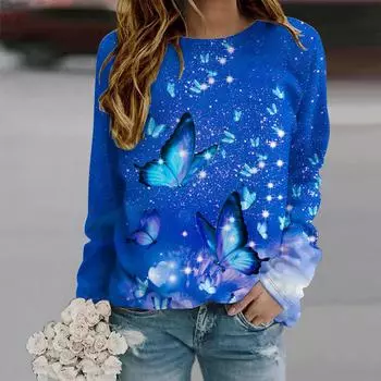 Осенняя женская модная футболка с круглым вырезом и длинным рукавом, свободная одежда, синяя футболка с принтом танцующей бабочки для девочек, уличная XS фиолетовый