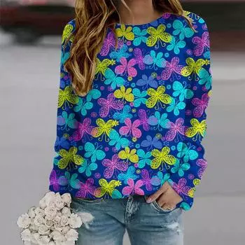 Осенняя женская модная футболка с круглым вырезом и длинным рукавом, свободная одежда, розовая красивая футболка с принтом бабочек для девочек, уличная XS фиолетовый