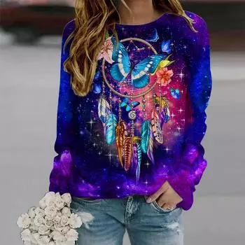 Осенняя женская модная футболка с круглым вырезом и длинным рукавом, свободная одежда, синяя футболка с принтом бабочки и колокольчиком для девочек, уличная XS фиолетовый
