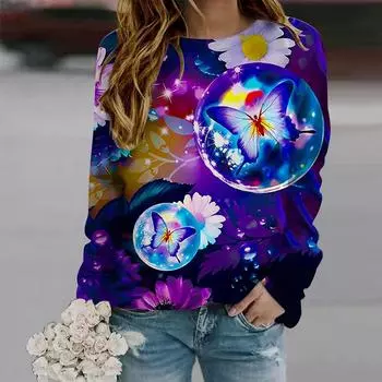 Осенняя женская модная футболка с круглым вырезом и длинным рукавом, свободная одежда, синяя футболка с принтом бабочки в виде хрустального шара для девочек, уличная XS фиолетовый