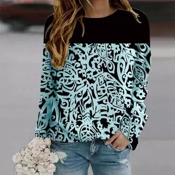 Осенняя женская модная футболка с круглым вырезом и длинным рукавом, свободная одежда, синяя футболка с цветочным принтом для девочек, уличная XS синий