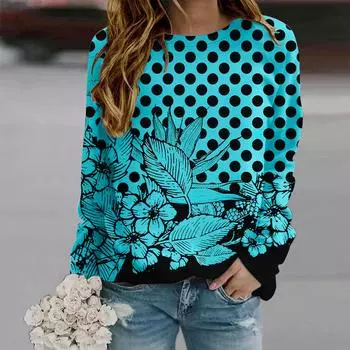 Осенняя женская модная футболка с круглым вырезом и длинным рукавом, свободная одежда, синяя футболка с цветочным принтом в горошек для девочек, уличная XS белый