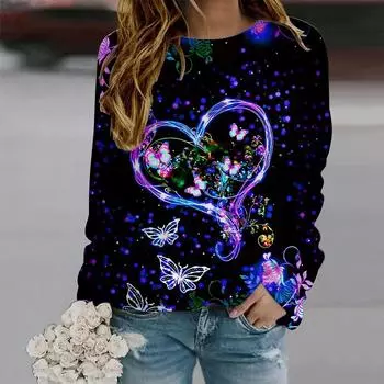 Осенняя женская модная футболка с круглым вырезом и длинным рукавом, свободная одежда, синяя футболка с принтом «любовь и бабочка» для девочек, уличная XS темно-синий