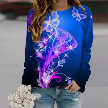 Осенняя женская модная футболка с круглым вырезом и длинным рукавом, свободная одежда, красочная красивая футболка с принтом бабочек для девочек, уличная XS фиолетовый