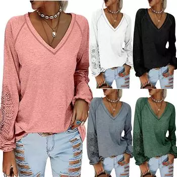 Осенняя женская модная хлопковая футболка с рукавами-фонариками, свободная кружевная футболка S чёрный