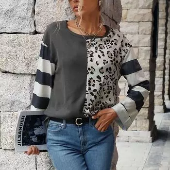 Осенняя женская модная лоскутная футболка с леопардовым принтом, свободный вязаный топ S шифер серый