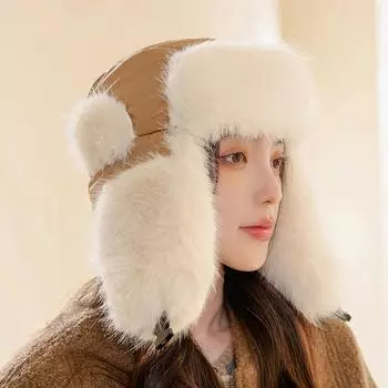 Осенняя женская модная мягкая защитная шапка для ушей, плюшевая, зимняя, теплая, утолщенная, универсальная, для активного отдыха, для езды на велосипеде и катания на лыжах One size чёрный