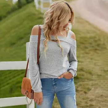 Осенняя женская модная полая футболка с открытыми плечами, свободный однотонный топ S серый