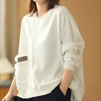 Осенняя женская модная простая повседневная уличная хлопковая толстовка Y2K с круглым вырезом и длинным рукавом, однотонный карманный пуловер XXXL белый
