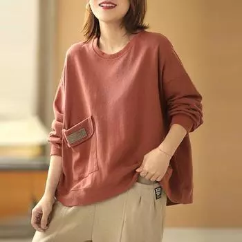 Осенняя женская модная простая повседневная уличная хлопковая толстовка Y2K с круглым вырезом и длинным рукавом, однотонный карманный пуловер L красный