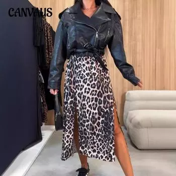 Осенняя женская модная узкая юбка с высокой талией и принтом в виде разреза S цветной печати леопарда