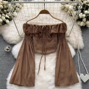 Осенняя женская нишевая рубашка на одно плечо с французским дизайном и кружевными рукавами-трубой, шикарная и красивая маленькая рубашка One Size хаки