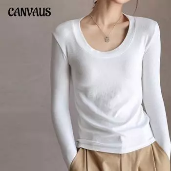 Осенняя женская нижняя рубашка из модала, однотонная, с большим круглым вырезом и длинными рукавами, тонкая узкая внутренняя блузка S белый