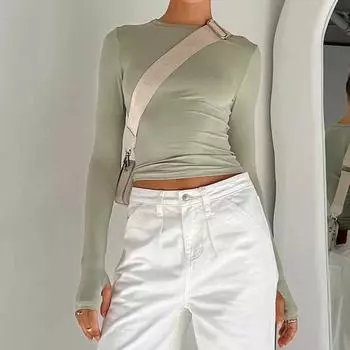 Осенняя женская новая футболка, тонкая однотонная футболка с круглым вырезом S зелёный