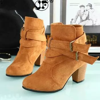 Осенняя женская обувь Ботинки Ботильоны Повседневные зимние замшевые туфли на высоком каблуке с пряжкой из флока с круглым носком Модные ботинки без застежек fgb67 4 чёрный