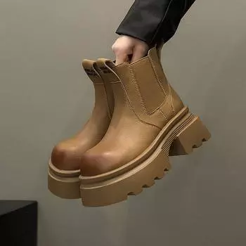 Осенняя женская обувь Muffin Thick Bottom High Top Casual Shoes Rubed Color High Talys Boots Women Smoking Cylinder Boots Short Boots 35 коричневый