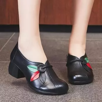 Осенняя женская обувь в этническом стиле из коровьей кожи, туфли ручной работы, мягкая подошва, нескользящая кожаная обувь 35 чёрный