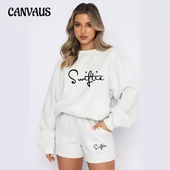 Осенняя женская одежда больших размеров, модная уличная тенденция, толстовка с буквенным принтом на английском языке, спортивные штаны, флисовые шорты, костюм XS серый