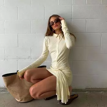 Осенняя женская одежда французская высокая мода темперамент ремень лацкан облегающее сексуальное платье S серый