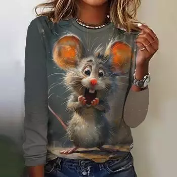 Осенняя женская одежда с длинными рукавами и забавными животными, хип-хоп футболка с круглым вырезом, свободные футболки большого размера, новый пуловер 2024 года S
