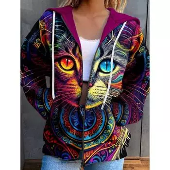 Осенняя женская одежда Зимняя печатная толстовка с капюшоном Спортивная одежда на молнии с 3D-карманом Толстовки Пальто для женщин S