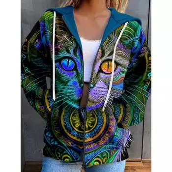 Осенняя женская одежда Зимняя печатная толстовка с капюшоном Спортивная одежда на молнии с 3D-карманом Толстовки Пальто для женщин S
