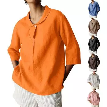 Осенняя женская однотонная футболка свободного кроя из хлопка и льна с V-образным вырезом и рукавами средней длины L чёрный