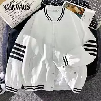 Осенняя женская однотонная полосатая свободная куртка с воротником-стойкой и длинными рукавами S белый