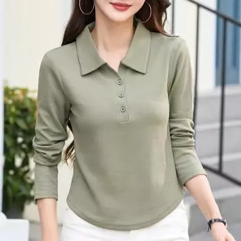 Осенняя женская однотонная рубашка-поло с круглым низом и длинным рукавом на пуговицах S белый