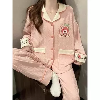 Осенняя женская пижама из чистого хлопка с длинными рукавами и брюками Домашняя одежда Шелковая пижама Женская пижама со штанами Комплект M розовый