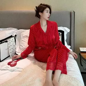 Осенняя женская пижама в стиле ретро, комплект из двух предметов, шелковая пижама в красную точку, вибрато, длинные рукава, брюки, кружево M