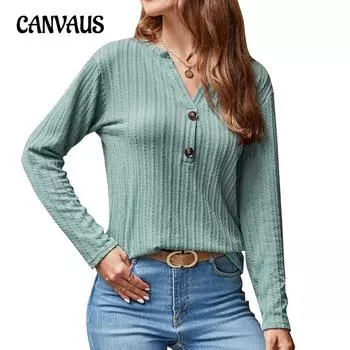 Осенняя женская повседневная блузка с V-образным вырезом и пуговицами, трикотажная с длинным рукавом S чёрный