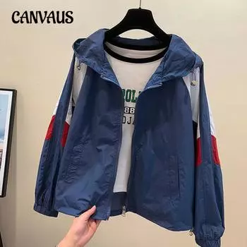 Осенняя женская повседневная куртка с цветными блоками, длинными рукавами, капюшоном и защитой от солнца M красный