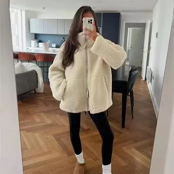 Осенняя женская повседневная мода, простое и универсальное свободное пальто с воротником-стойкой и молнией из бархата с длинными рукавами XS