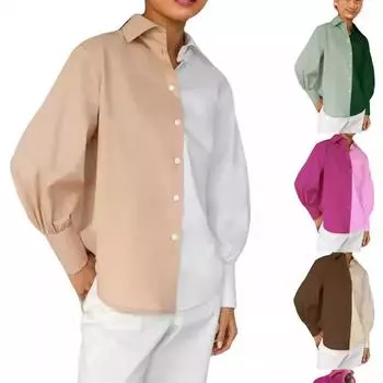 Осенняя женская повседневная рубашка с длинными рукавами и лацканами в стиле пэчворк S белый